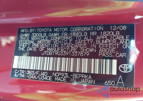 2009 Toyota Yaris z USA, uszkodzony, nr VIN JTDBT903391337879